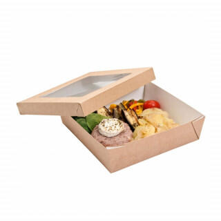 Ланч-бокс с крышкой (с окном), влагостойкий, 750 мл,14*14*5 см, (1упаковка =25 шт),коричневый картон